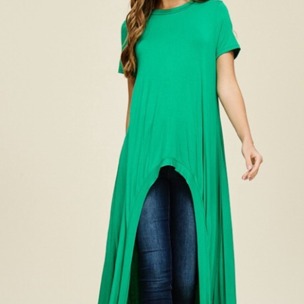 🆕 Kelly Green Short Sleeve High-Low Tunic Jersey Knit Maxi Top - Picture 3 of 7